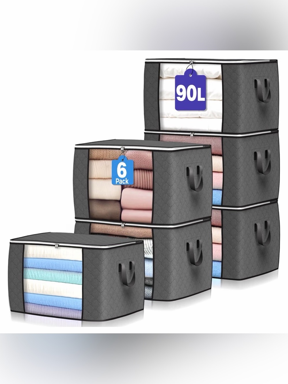 6-Pack Gray Foldable Fabric Storage Boxes with Clear Window - Home Organization